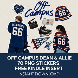 Könnte beinhalten: Ein digitales Sticker-Set mit Eishockey-Illustrationen, darunter zwei Personen in dunkelblauen Trikots mit dem Namen DI LAURENTIS und der Nummer 66, eine Filmklappe, eine Kamera, Schlittschuhe, ein Go Hawks Wimpel, eine Trillerpfeife und ein Herz.