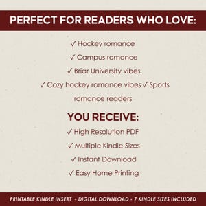 Informational graphic describing the ideal audience for this printable Kindle insert, including hockey romance readers, campus romance fans, BookTok readers, and cozy Kindle lovers.