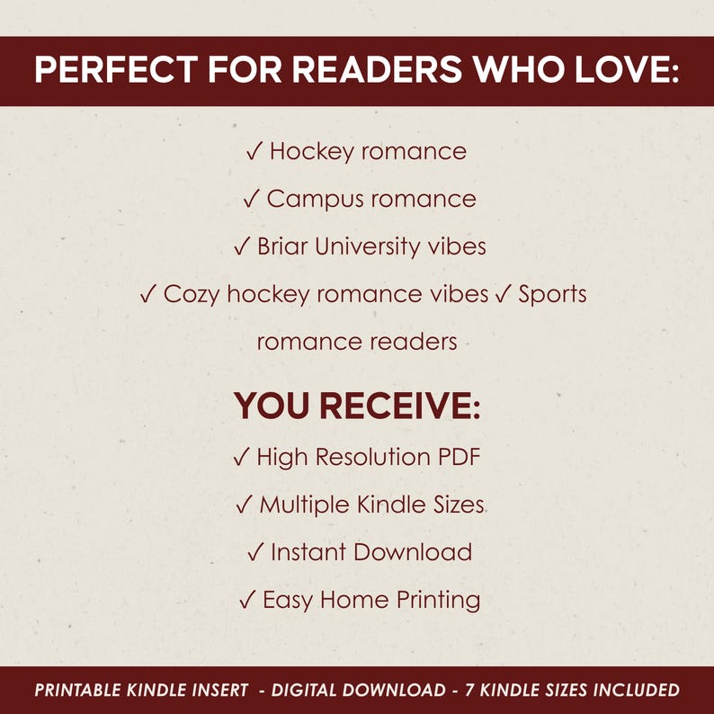 Informational graphic describing the ideal audience for this printable Kindle insert, including hockey romance readers, campus romance fans, BookTok readers, and cozy Kindle lovers.