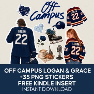 Puede incluir: Una colección de pegatinas digitales con el texto Off Campus, dos camisetas de hockey con el nombre Logan y el número 22, una gorra azul, un patín de hielo con rosas azules, una taza de café con un cruasán, una Torre Eiffel y un micrófono.