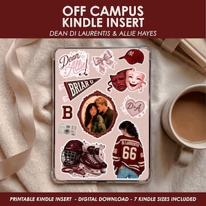 Printable Kindle insert featuring a pink hockey romance aesthetic inspired by Dean and Allie. The insert includes illustrated elements such as a hockey jersey, ice skates, Briar University pennant, romantic icons, and a cozy bookish design displayed inside a Kindle case.