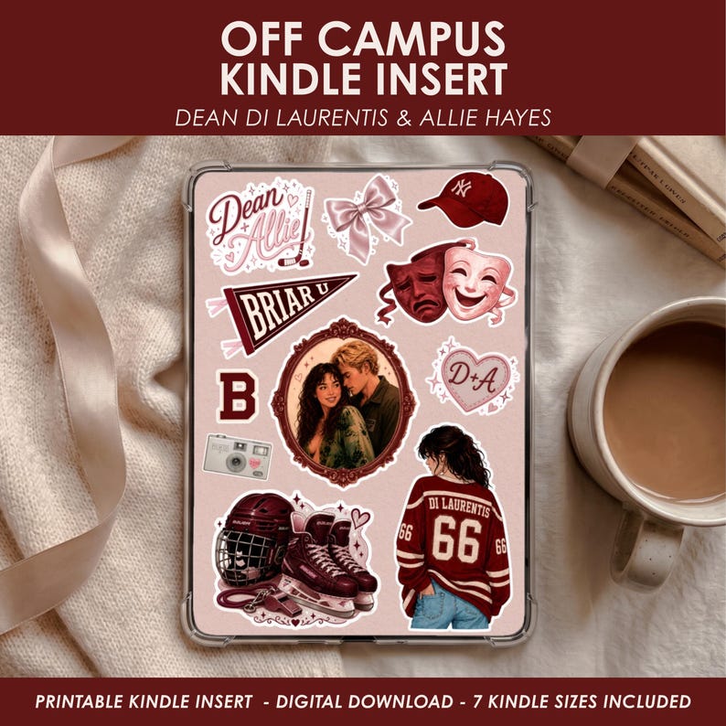 Printable Kindle insert featuring a pink hockey romance aesthetic inspired by Dean and Allie. The insert includes illustrated elements such as a hockey jersey, ice skates, Briar University pennant, romantic icons, and a cozy bookish design displayed inside a Kindle case.