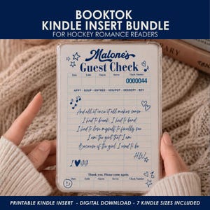 May include: A clear rectangular Kindle insert featuring a blue printed guest check design. The text reads Malone's Guest Check, 0000044, and includes handwritten-style lyrics, musical notes, stars, and hearts. The insert is designed for e-readers.