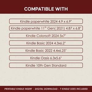 Compatibility chart showing supported Kindle models and sizes, including Kindle Paperwhite, Kindle Basic, Kindle Oasis, and Kindle Colorsoft versions.