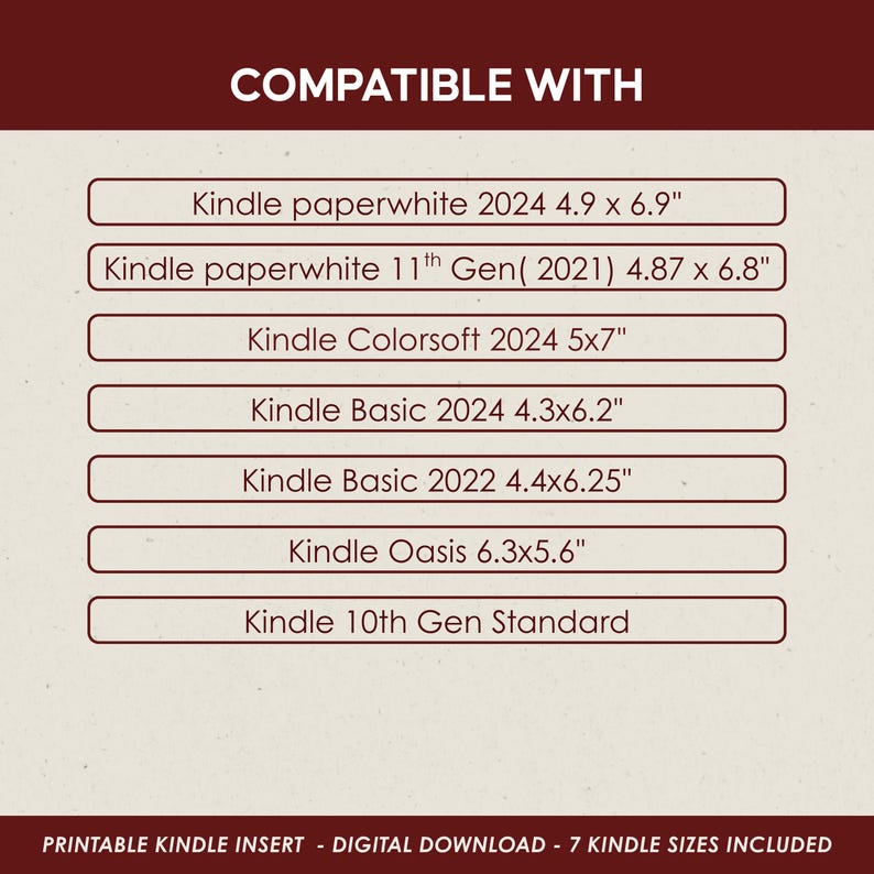 Compatibility chart showing supported Kindle models and sizes, including Kindle Paperwhite, Kindle Basic, Kindle Oasis, and Kindle Colorsoft versions.