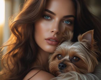 Puede incluir: Una mujer con largo cabello castaño ondulado y ojos azules brillantes sostiene un pequeño perro Yorkshire Terrier, de color marrón y blanco. El perro tiene ojos marrones y orejas erguidas. La iluminación es cálida, creando un brillo suave.