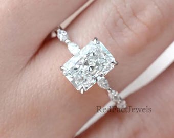 隠しハローリング、ラディアントカットラボグロウンダイヤモンド婚約指輪、14Kソリッドゴールドリング、パヴェセッティング結婚指輪、プロポーズリング、記念日ギフト