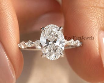 Ovalschliff Diamant-Verlobungsring, seitliche Marquise und runder Diamant-Ehering, 14K Weißgold versteckter Halo-Ring, Versprechensring