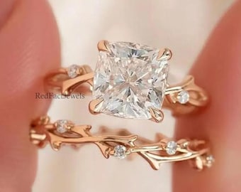 Pierścionek zaręczynowy z diamentem o szlifie poduszkowym, obrączka ślubna Twisted Nature, pierścionek z żółtego złota 14K, wyjątkowy pierścionek zaręczynowy, prezent na rocznicę