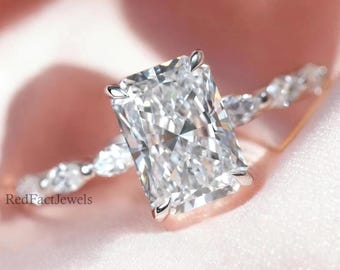 Förlovningsring med diamanter i Hidden Halo-utslipning för kvinnor, vigselring med 1 till 2,5 ct radiantslipad labogrodden diamant, vigselring med pavefattring, löftering för henne