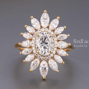 Oval Cut Moissanite Arte Deco Engagement Ring, 14K Yellow Gold Ring, Round Halo With Accent Stone Ring, Wedding Ring, Anniversary Gift Ring.
