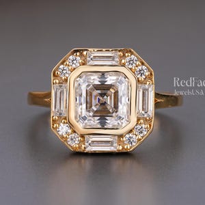 Art Deco Asscher Cut Moissanite Engagement Ring: 14K Yellow Gold Bezel Set