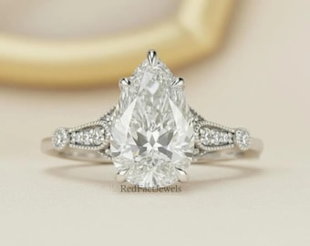 Pierścionek zaręczynowy z diamentem w stylu vintage, obrączka ślubna z filigranowym diamentem o szlifie gruszkowym o masie 1,50–2,50 ct, pierścionek z białego złota 14K, pierścionek zaręczynowy