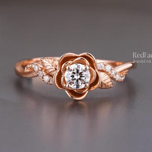 Flower Moissanite Engagement Ring, Flower Round Diamond Ring, Nature Inspired Leaf Wedding Ring, Solid Rose Gold Floral Ring, Promise Ring.