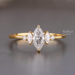 Marquise Three Stone Ring, Marquise Cut Moissanite Engagement Ring, Diamond Wedding Ring, 14K Solid Gold Trilogy Ring, Anniversary Gift Ring
