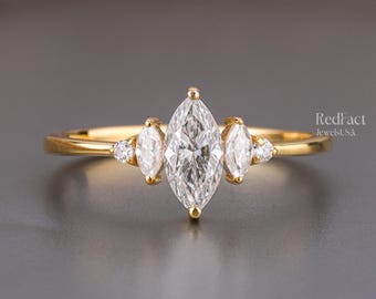 Anello di fidanzamento in oro giallo 14 carati con diamanti taglio marquise coltivati in laboratorio