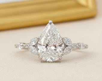 Pierścionek zaręczynowy z diamentem o szlifie gruszkowym o masie 2,0 ct, pierścionek z diamentem o szlifie okrągłym i markizą boczną, obrączka ślubna, pierścionek z białego złota 14K, pierścionek zaręczynowy