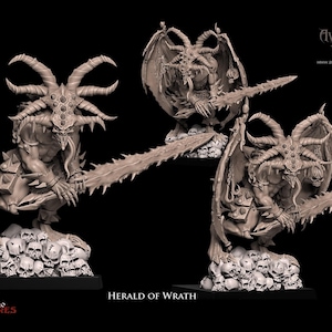May include: A beige miniature demon figure, the Herald of Wrath, with horns, wings, and a spiked sword, posed on a pile of skulls. The image includes the text "Herald of Wrath" and the artist's name. The figure is a detailed fantasy model.
