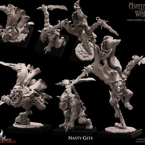 May include: Grey miniature figures of fantasy creatures, each holding a dagger. The figures are in dynamic poses, some leaping or crouching. The text "Nasty Gits" is visible, along with the "Avatars of War" logo.