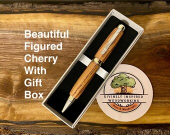 Cherry Wooden Executive Pen – Handcrafted Luxury Gift for Pen Collectors, Cigar Style Twist Pen, Gold and Chrome Hardware