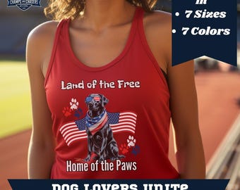Regata patriótica para cães, 4 de julho, camiseta regata com bandeira dos EUA e labrador preto, regata Home of the Paws, presente engraçado para amantes de cães, equipamento para o Dia da Independência da equipe de cães