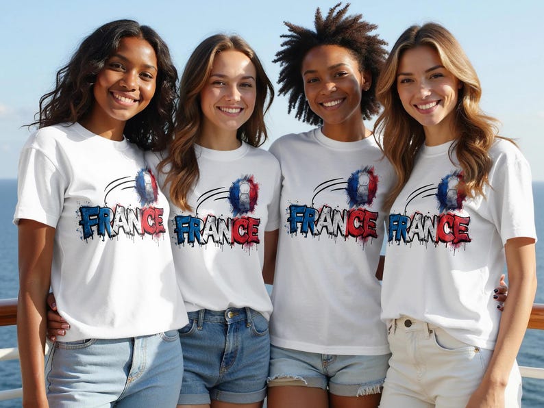 Four young women wear white t-shirts with "FRANCE" and a soccer ball design.