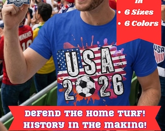 USA 2026 Fußball-Fan-Shirt, Retro-Flagge-Fußball-T-Shirt, USA-Sommerspiele 2026, Rot-Weiß-Blauer Fußball Geschenk, Bella Canvas 3001