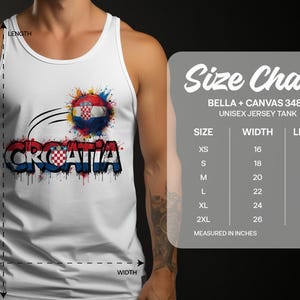 White tank top with Croatia flag graphic and size chart.