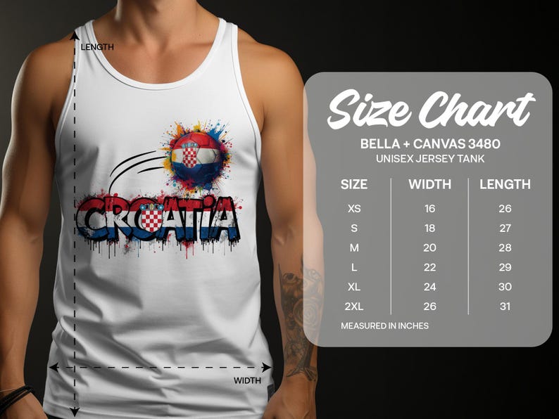 White tank top with Croatia flag graphic and size chart.