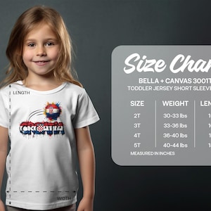 Toddler t-shirt with Croatia flag design and size chart.