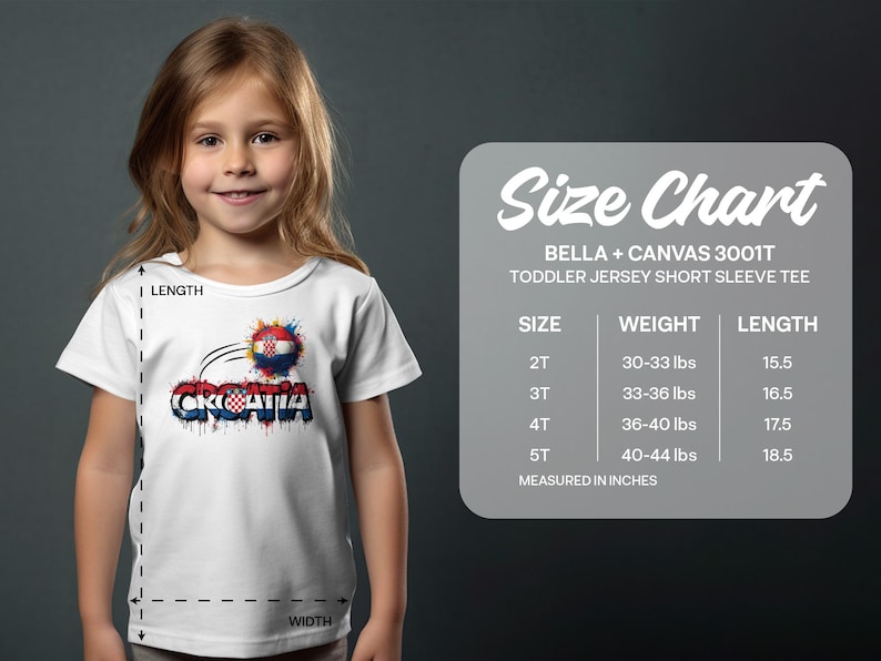 Toddler t-shirt with Croatia flag design and size chart.