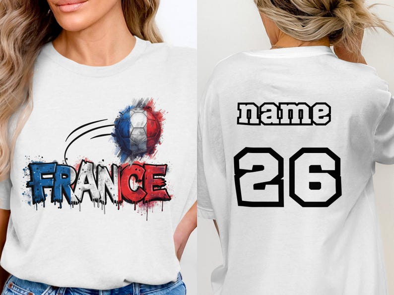 White t-shirt with "FRANCE" graffiti and soccer ball graphic on front.
