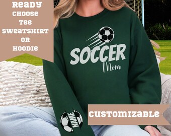 Soccer Mom Sweatshirt, Hoodie, or Tee with Flying Soccer Ball | Personalized Sleeve Monogram | Embroidered Hoodie for Proud Soccer Moms