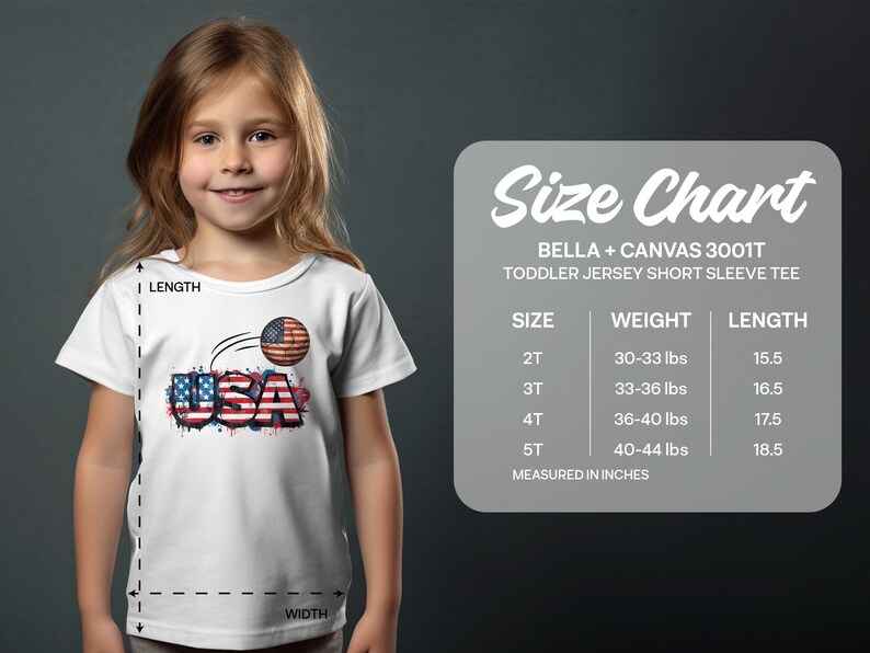 Toddler t-shirt size chart with measurement guide.