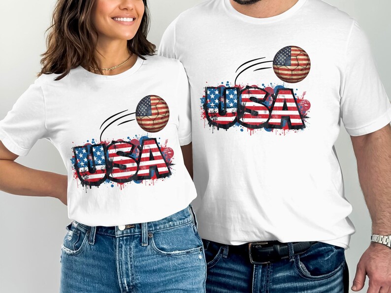 Two people wear white t-shirts featuring "USA" text and an American flag-themed basketball.