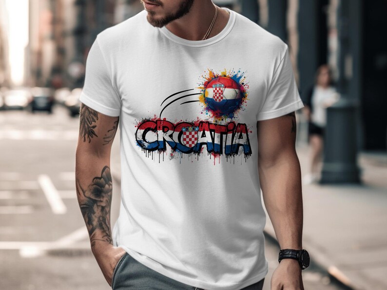White t-shirt with "Croatia" text and a soccer ball design.