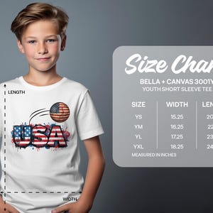 Youth size chart for Bella + Canvas 3001Y short sleeve tee.