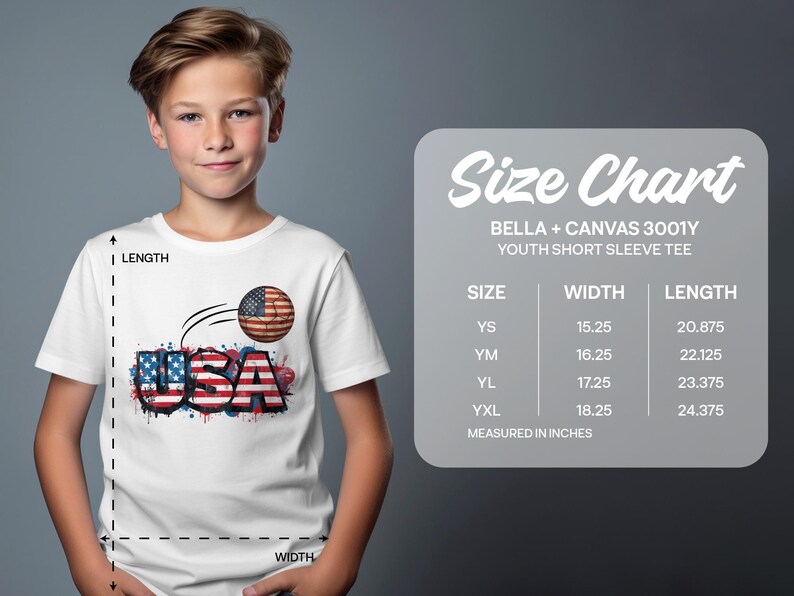 Youth size chart for Bella + Canvas 3001Y short sleeve tee.