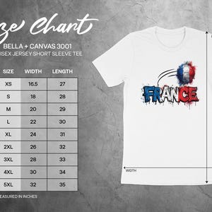 Size chart for Bella + Canvas 3001 unisex t-shirts, showing measurements.