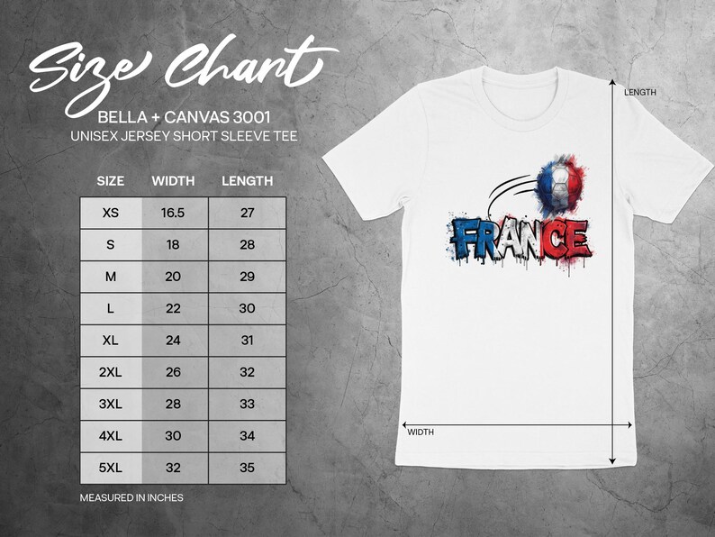 Size chart for Bella + Canvas 3001 unisex t-shirts, showing measurements.