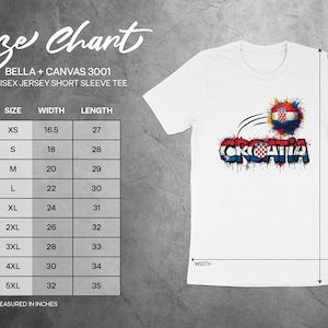 Size chart for Bella + Canvas 3001 unisex jersey t-shirts with measurements.