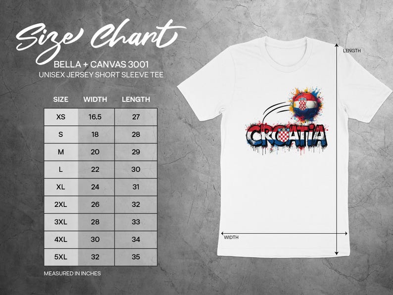 Size chart for Bella + Canvas 3001 unisex jersey t-shirts with measurements.