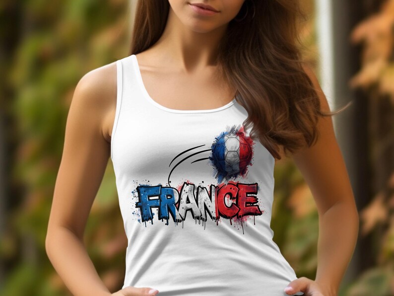 White tank top with "FRANCE" text and a soccer ball graphic.