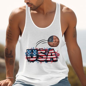White tank top with USA flag graphic and basketball.