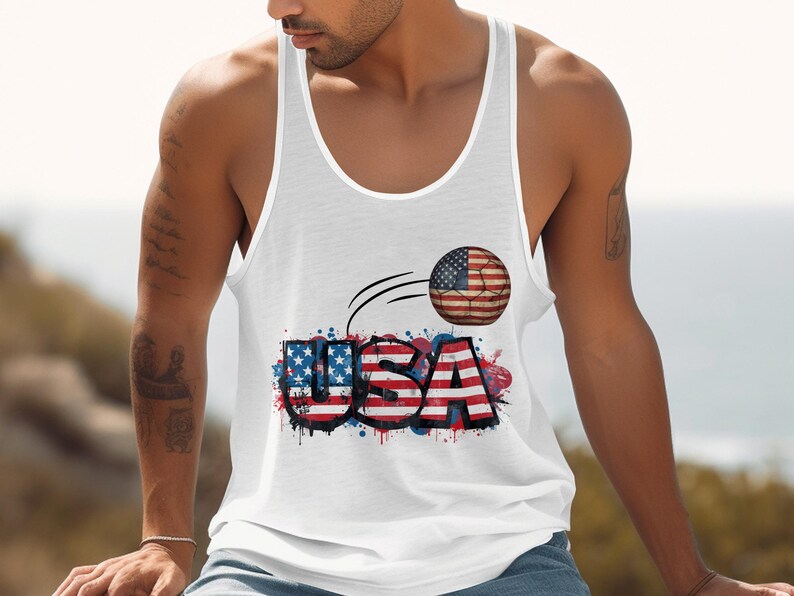 White tank top with USA flag graphic and basketball.