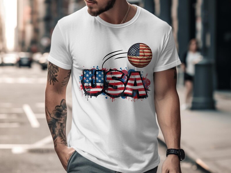 White t-shirt with USA graphic and American flag soccer ball design.