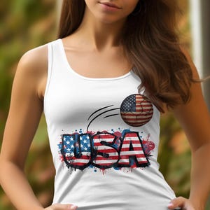 White tank top with "USA" in graffiti font and a basketball with American flag.