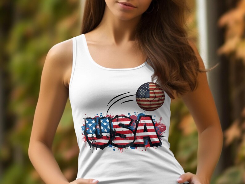 White tank top with "USA" in graffiti font and a basketball with American flag.