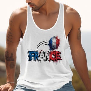 White tank top with "France" text and a soccer ball graphic.