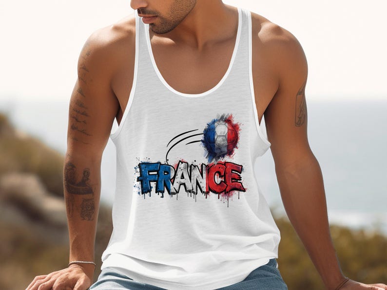 White tank top with "France" text and a soccer ball graphic.